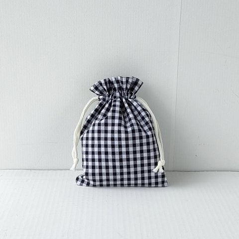 ギンガムチェック巾着袋Ⓜ　黒×白　裏地付き