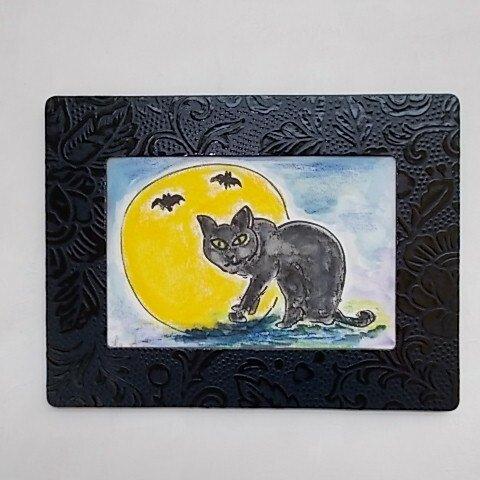 絵画 インテリア 額絵 水彩画  黒猫と月