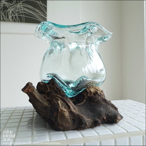 硝子フラワーベースTuli/01 花瓶 メダカ鉢 めだか鉢 プリミティブガラスベース 吹きガラス 手作り 一点物 自然な様