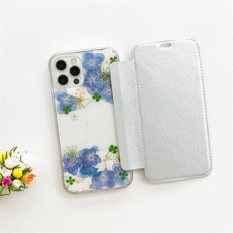  ❤紫陽花とクローバー 選べる5色 スマホリング 押し花【手帳型スマホケース】  iPhone14Pro/13Pro/12Pro/SE/11Pro/XR/XS/8/7