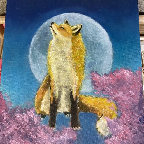 夜桜 キツネ 月 動物 絵 狐 油絵 油彩 絵画 サイズ27×21cm F3