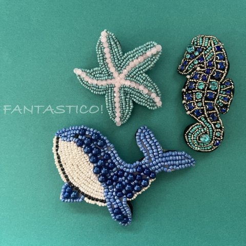 お得な3個セット❤️海の生き物ビーズ刺繍ブローチ❤️デリカビーズラインストーン クジラ鯨ヒトデタツノオトシゴスターフィッシュ