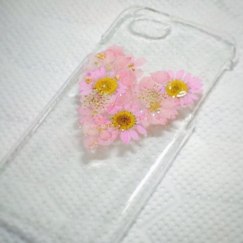 大きなハート ピンク系 押し花iPhoneカバー