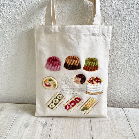 Cafe-sweets☆羊毛刺繍 キャンバストート〜フレッシュフルーツスイーツ☆🍓🍊🥝