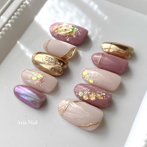 ネイルチップ ピンク×ゴールド ｷﾗｷﾗnail✧︎*。