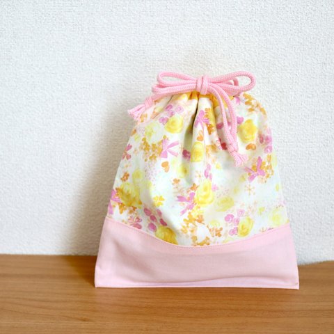 【入園入学】ピンクのお花の巾着袋｜給食袋やカトラリー入れに