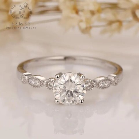 モアッサナイト K14 ラウンドカット 1ct キラキラ ラグジュアリー ゴージャス ミル打ち リング 結婚指輪