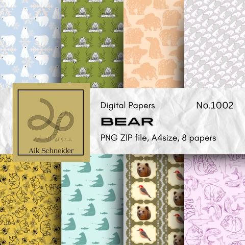 Digital Paper, Bear, A4, Png, 8 papers, くまモチーフのデジタルペーパー