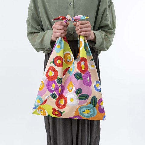 あずまトート～虹椿～　綿100％（オーガニックコットン）　持ち手が長くてエコバッグにも使える　あずま袋