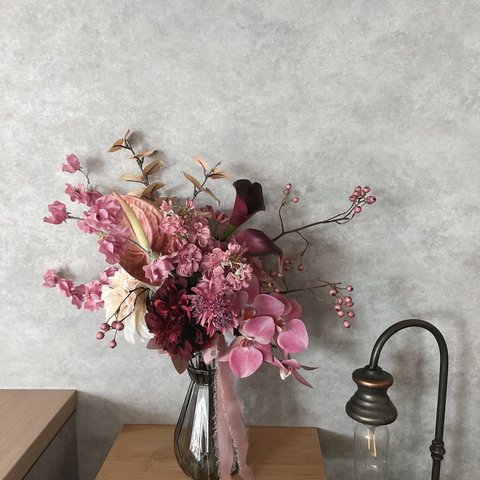 胡蝶蘭＆アンスリウムのpink実物bouquet ◻︎アーティフィシャルフラワー◻︎ ウェディングブーケ