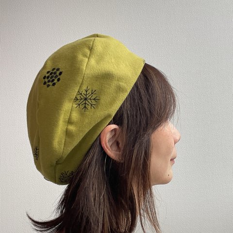 【受注製作】 サニーサークルベレー ベレー帽   帽子 ライム グリーン コットンビエラ 刺繍 大人可愛い 大きい 小さい