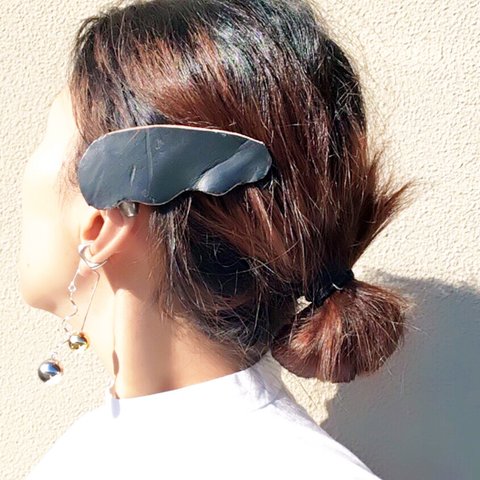 栃木レザー 大ぶり ヴィンテージ 風 バレッタ ヘアクリップ なみなみ オーバル ブラック ヌメ革 レザー