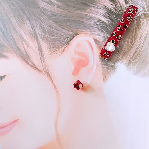 ヘアクリップ(ビジュー有)×ミニビジューイヤーアクセのセット　 (  ヘアアクセサリー  ヘアクリップ   津軽塗風  伝統 津軽 和 和モダン 和風 和柄   エレガント 上品  　)