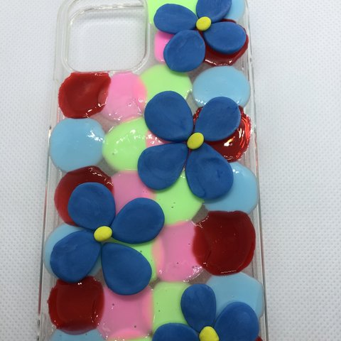 ブルーフラワーカラフル水玉のiPhoneケース