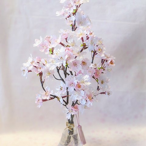 【新作】桜 ～ 薄紅色の満開桜（鈴なり桜）まるで本物の桜の様な桜フラワーインテリア・ガラス器と透明ジェルの桜花フラワーインテリア・無料ラッピング