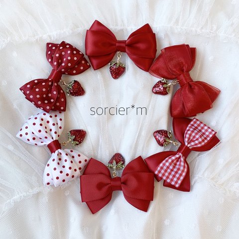  Jewel♡strawberry ♡ リボン へアクリップ  ギンガムチェック  苺 ロリィタ ロリータ 量産型 ゆめかわいい 赤 あか レッド いちご イチゴ 推しカラー リボンクリップ ヘアピン