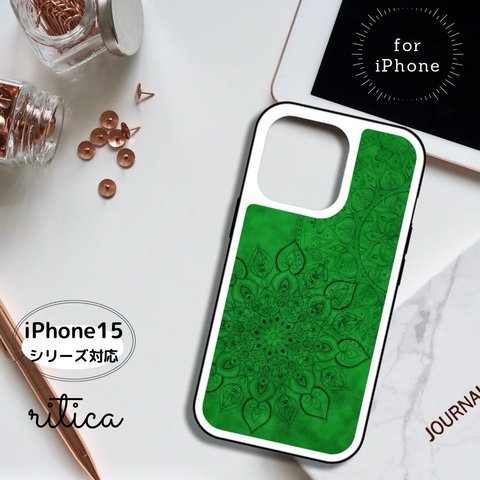 【iPhoneケース】背面強化ガラス スマホケース ✳︎  forest green（緑）・マンダラアート柄