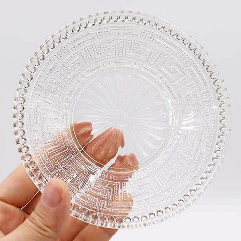 小皿 デザート皿 大正・昭和初期 プレスガラス レース皿 アンティーク ヴィンテージ 和ガラス(雷紋)