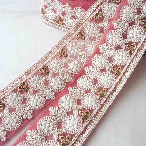 チュール 刺繍リボン フローラル フラワー 花 ローズレッド インド刺繍リボン import parts IMP-RBN-3503