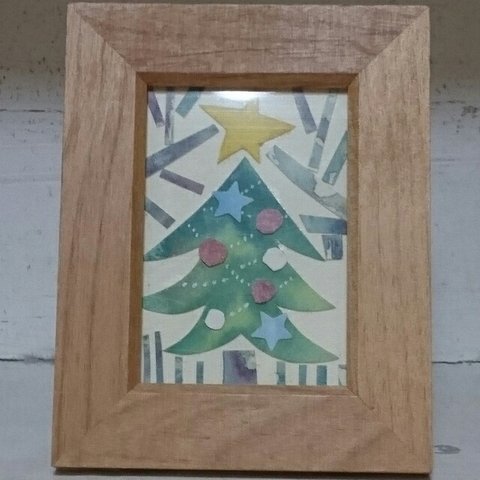 原画☆水彩貼り絵のミニクリスマスツリー(額入り)