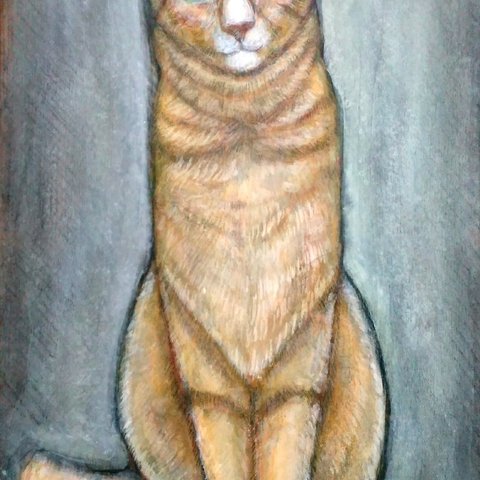 Tabby Cat, posture トラ猫、仕草　真作　アクリル、色鉛筆絵画