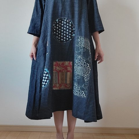 着物リメイク　古布　手作り　ゆったり　かすり　型染め　更紗　パッチ　ワンピース