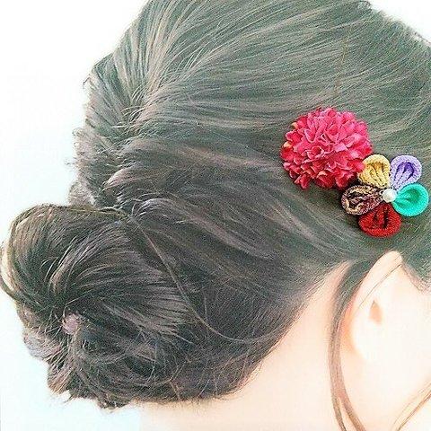 マムとつまみ細工の髪飾り・ヘアピン2個セット（ピンク＆パープル）