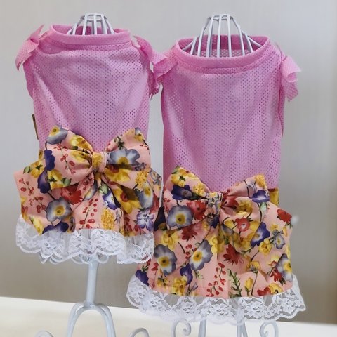 💐ピンクメッシュ🎀花柄🌼ワンピース👗