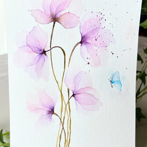 水彩画　絵画　原画『紫の花と蝶』