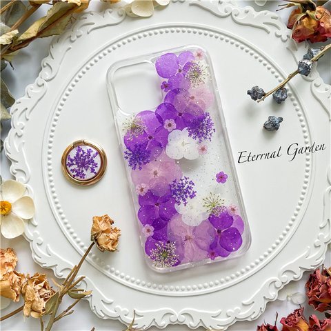 パープル系紫陽花押し花ケース 全機種対応 iPhone12 iPhone12mini iPhone12pro iPhone12promax Xperia Ace III Xperia Ace II  