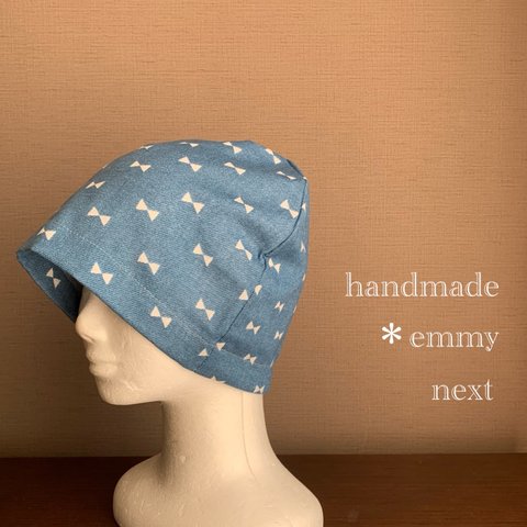 送料無料＊handmadeダブルガーゼ帽子〈ribbonデニム風プリントBlue〉ケア帽子　ケアキャップ　医療用帽子