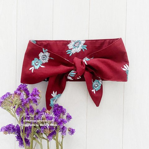 おしゃれな ボルドー ワインレッド 花柄 刺繍 綿100% 夏 保冷剤 冬 カイロ ネッククーラー スカーフ