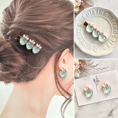 【いちご】2点セット イチゴ ヘアクリップ ピアス イヤリング ゴールド シルバー フェイクフード ミニチュアフード