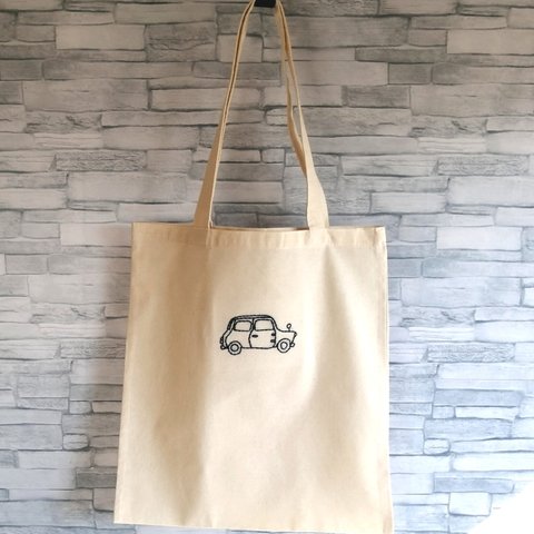 【刺繍】ネイビーの車　トートバッグ　ショルダーバッグ　2way　コットン　A4収納可能