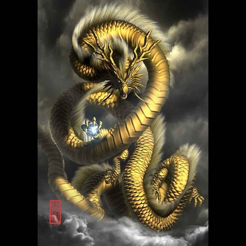 龍の絵「雲龍１０・金龍」自作A4　竜の絵