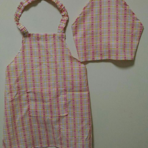 サイズ105　子供用エプロン・三角巾セット（ゴム入）ピンク