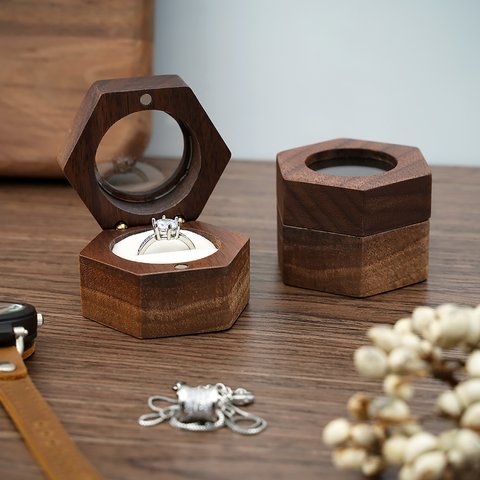 木製指輪ケース リング収納 アクセサリー什器 六角形デザイン 透け感 結婚式 記念日 プロポーズ ブチギフト