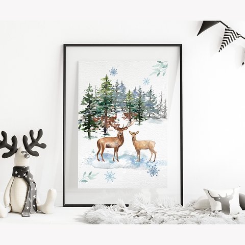 ポスター　森の冬景色　鹿のつがい / i0361 / 冬の森　雪景色が広がる風景　森や山　湖にたたずむ動物
