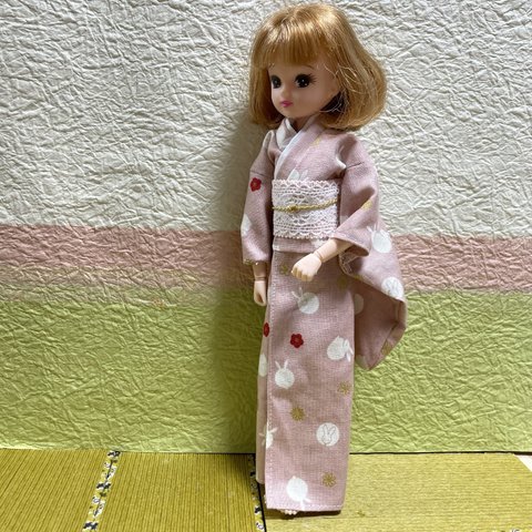 L2324 リカちゃん ハンドメイド  服　うさぎ柄　着物　ピンク