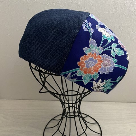 TOPI  着物リメイクのベレー帽（紺×花）