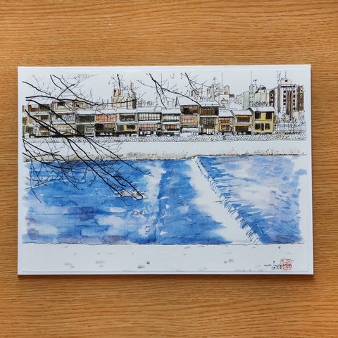 A4サイズ「 京都　雪の鴨川」　京の水彩画工房