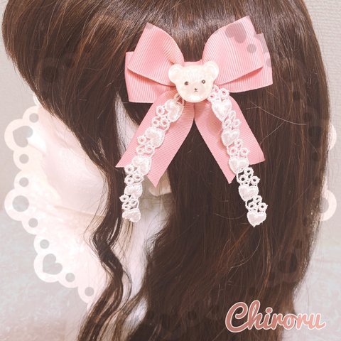 ハートベアー♡ヘアクリップ (ピンク) くま テディベア 量産型 地雷 ロリィタ ロリータ メイド コンカフェ ヲタ活 推し活 プレゼント ギフト テーマパーク キッズアクセ ピンク 双子コーデ