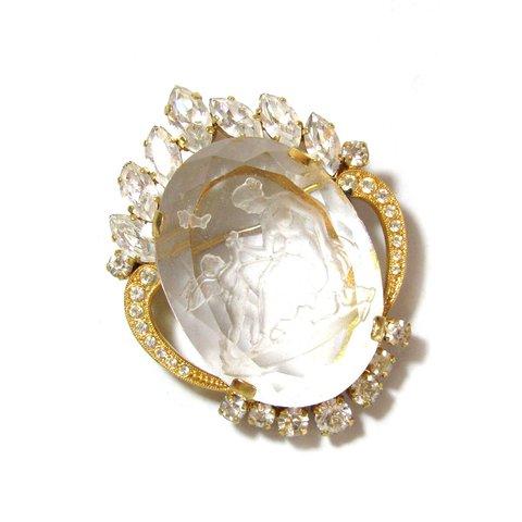 60s Vintage Gold Tone Rhinestone × Lady Intaglio Brooch & Pendant Top