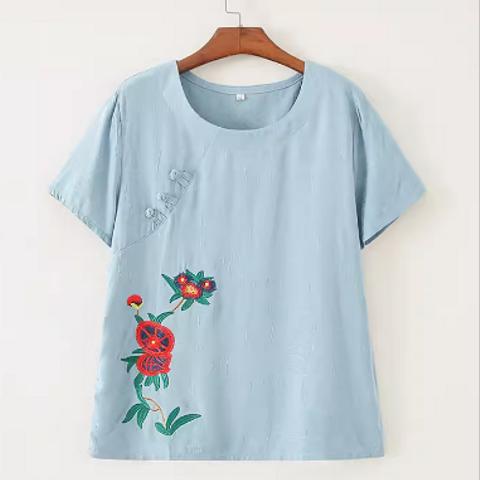 刺繍 半袖 Tシャツ 綿麻 丸襟の上着