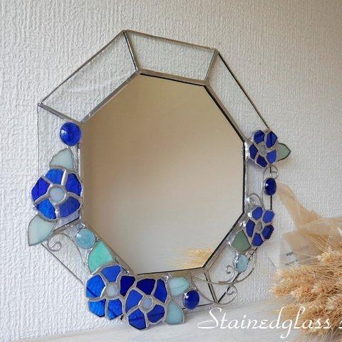 *✴︎:.｡豪華♪青いお花の壁掛け八角形の鏡　(27size)