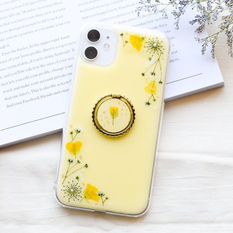 スマホリング付き 菜の花とかすみ草のケース iPhone Android Xperia Galaxy 全機種対応 押し花