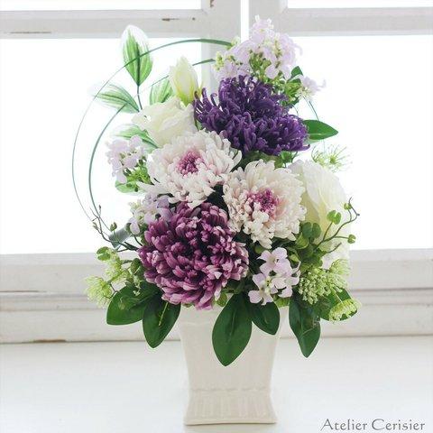 輪菊の仏花＜エテルネル 白紫＞ Mサイズ お供え花 プリザーブドフラワー 白花器 #2