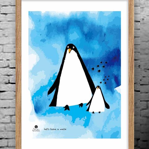 仲良く散歩　ペンギン　イラスト　ポスター  A4　アートポスター　ポップアート　全作オリジナル　（アートsei（新着順）で検索）　1191