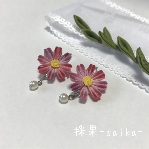 つまみ細工の秋桜ピアス(赤紫)