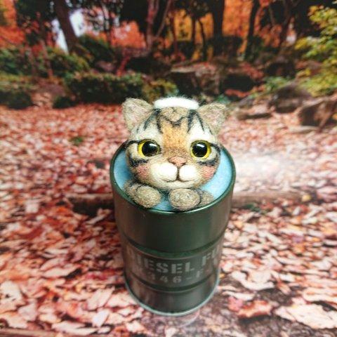 猫106◎キジトラ 五右衛門風呂 羊毛フェルト ネコ 緑 ドラム缶 お風呂 猫雑貨 猫好き 置物